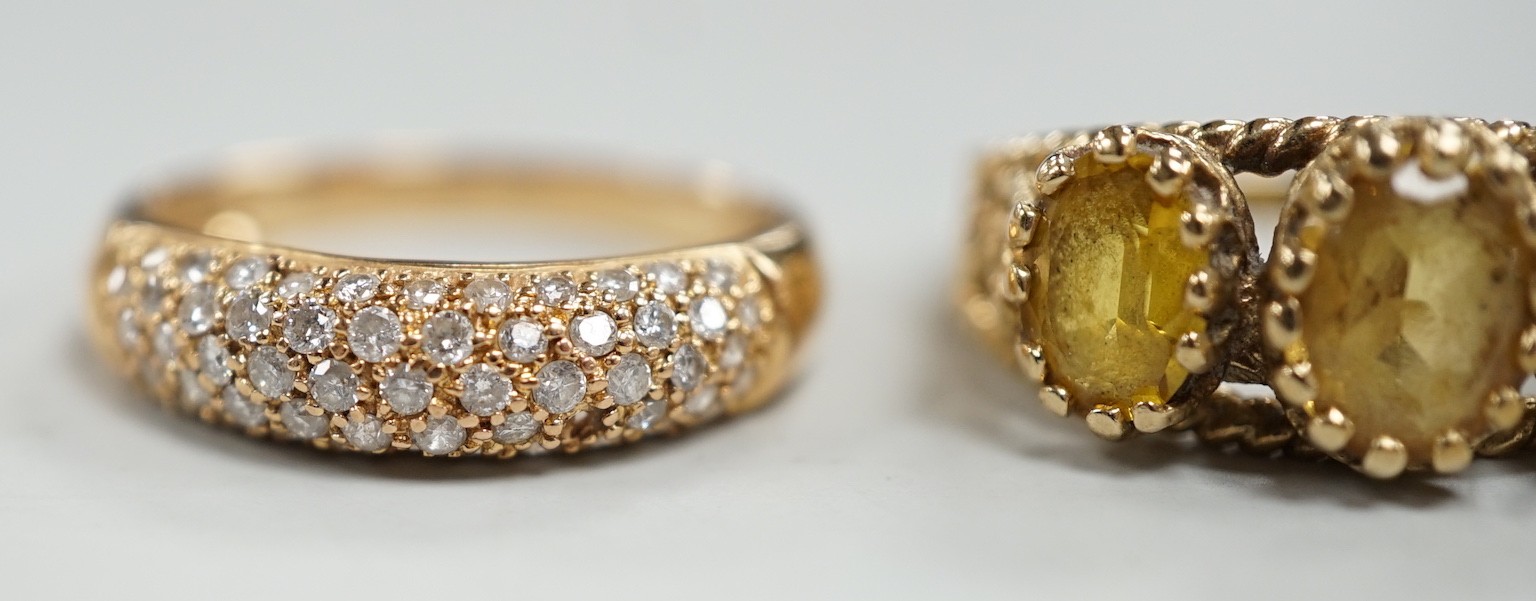 A modern 9ct gold and three stone citrine ring, size Q, gross weight 4.7 grams and a modern 18ct gold and pave set diamond chip ring (stone missing), gross weight 2.8 grams.